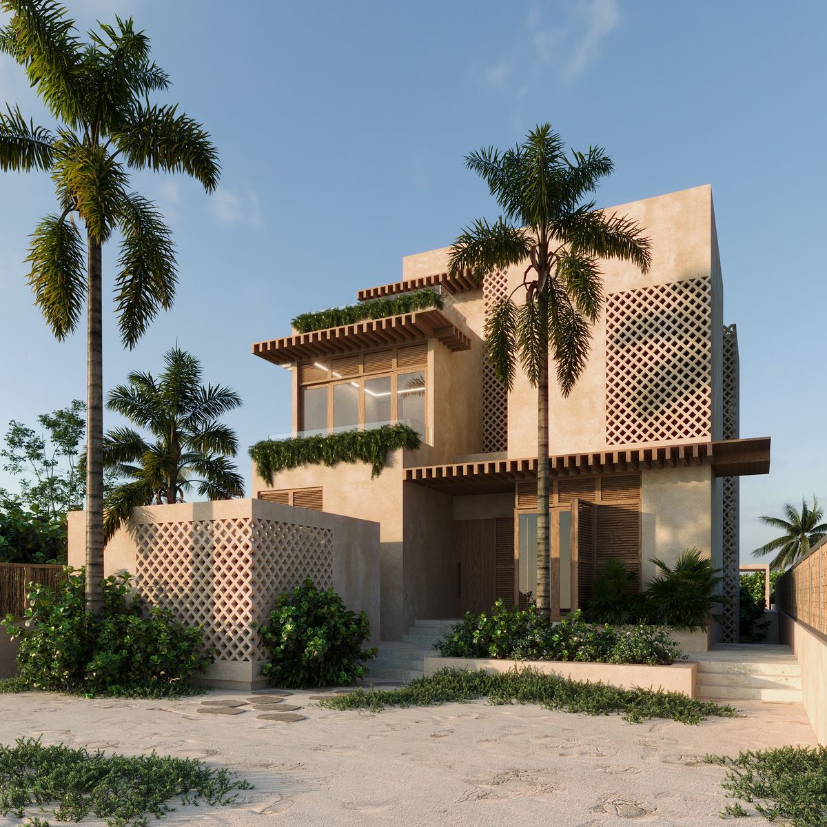 Casa Chuburná, fachada con celosías entre palmeras